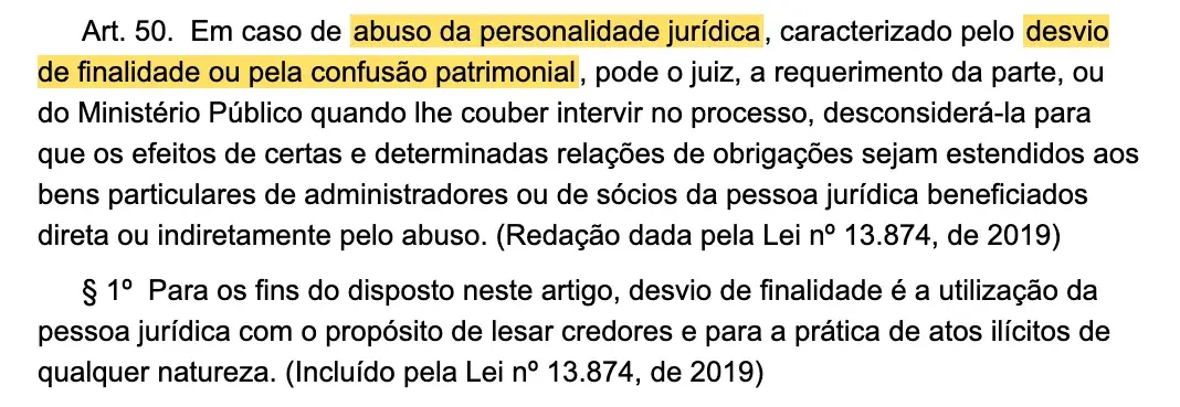 Artigo 50 do Código Civil, com os trechos marcados