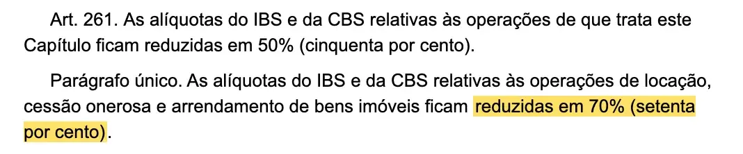 Artigo 261 da LC 214/2025, com a redução de 70%