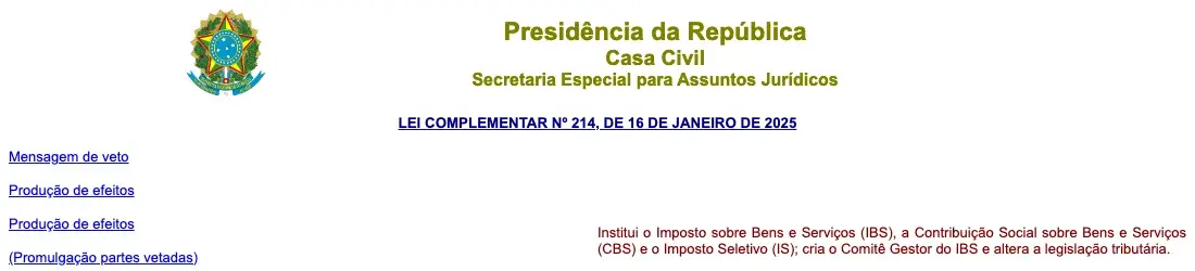 Cabeçalho da Lei Complementar 214/2025 no site do Planalto