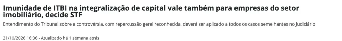 Manchete da notícia do STF sobre a imunidade do ITBI